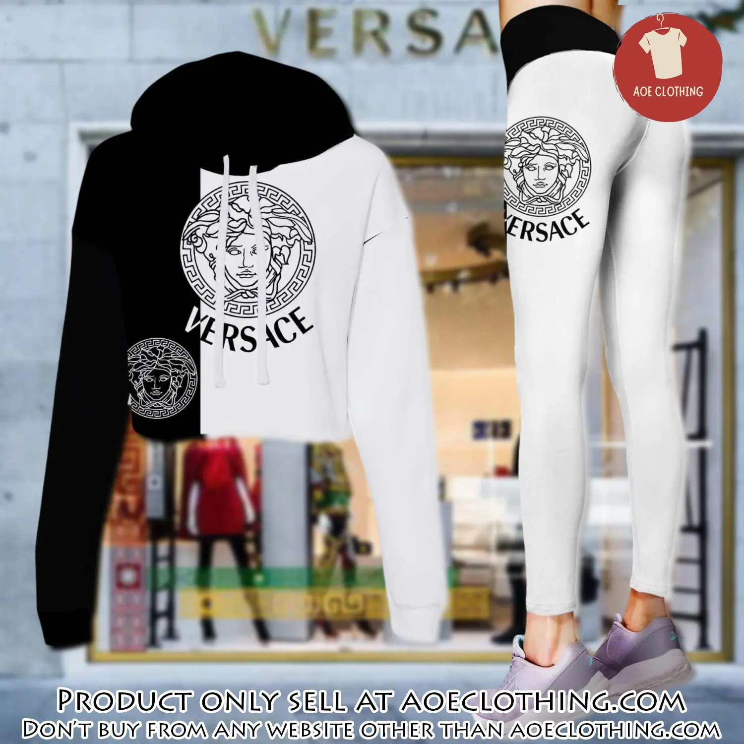 Versace black white luxury brand clothes leggings and crop top set for women aoe1454307